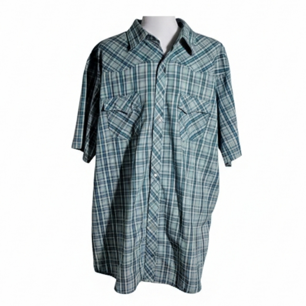 Wrangler Western Pearl Snap Shirt Mens XL Plaid Short Sleeve Cowboy Blue Green